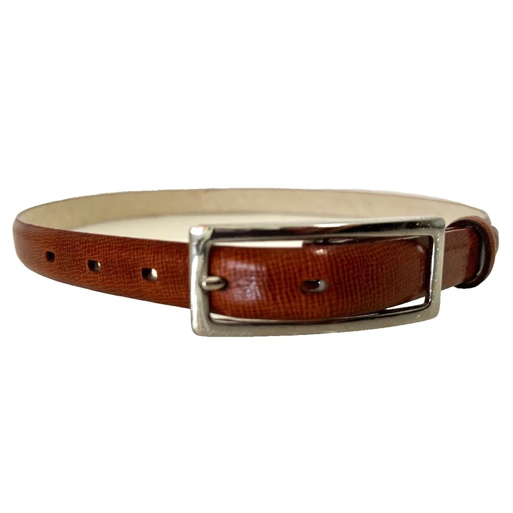 90 Ellen Tracy Italian Calfskin Skinny Leather Belt XS Silver Rectangle Buckle